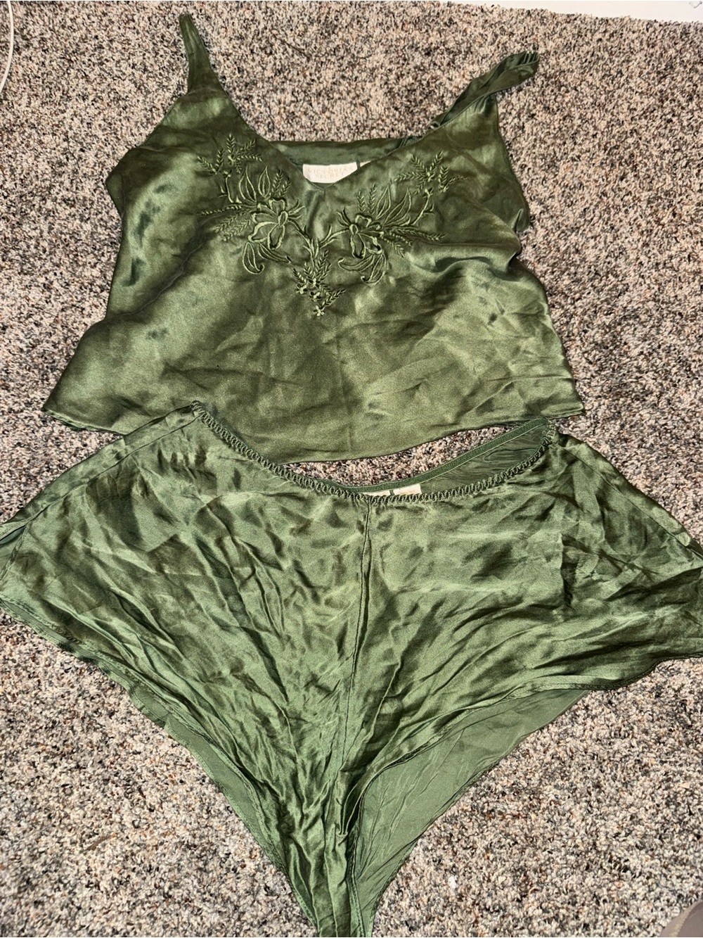 Victoria's Secret Olive Green Satin Embroidered Camisole & Shorts